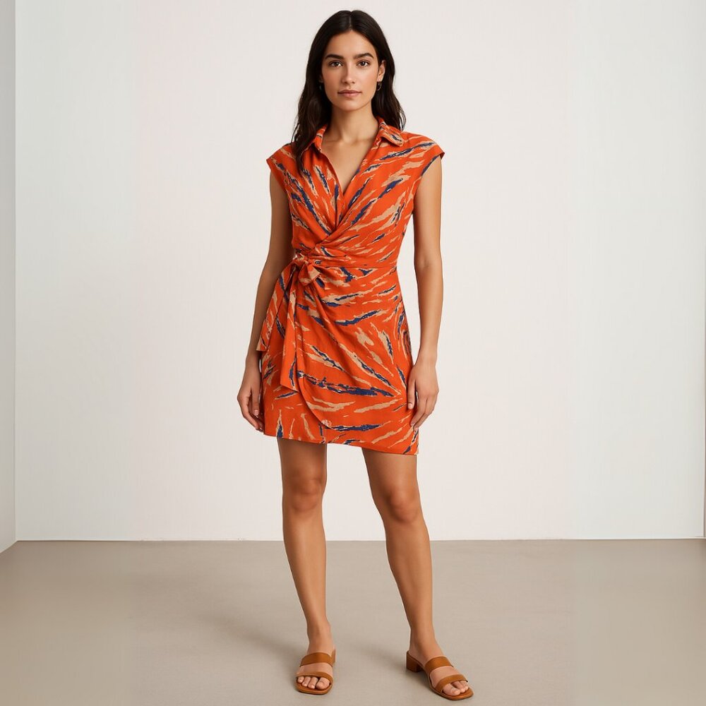 UO Silver Sun Mini Wrap Dress Cap Sleeves Orange Multicolor Vacay Beach Sz XS